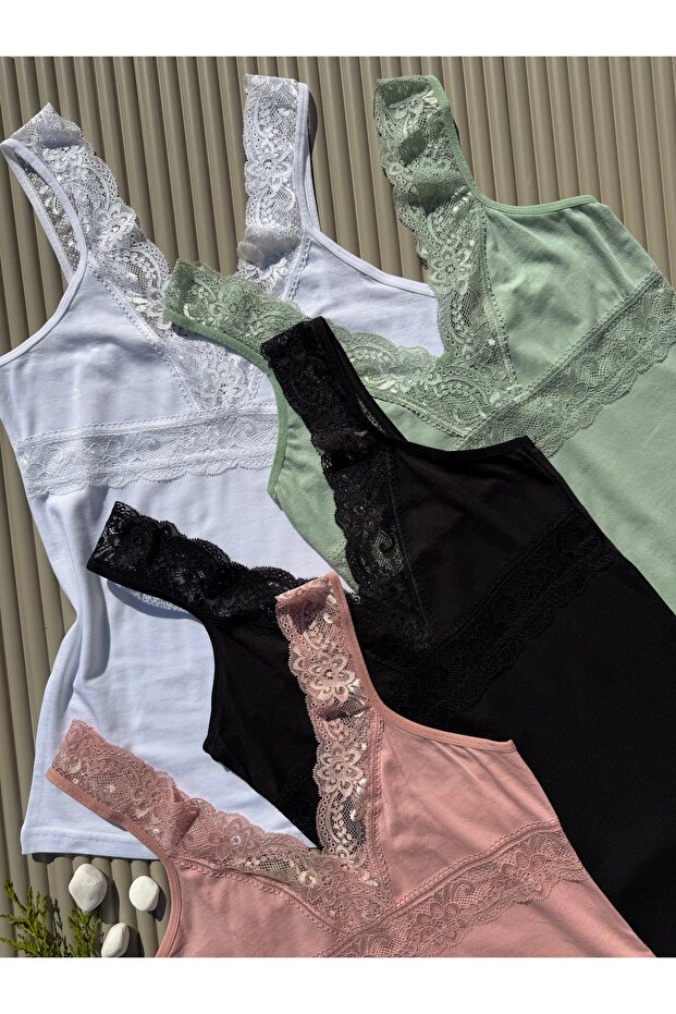 Women's 4-Piece Modal Fabric V-Neck Lace Strap Box Packed Green, Powder, White, Black Tshirt-Blouse