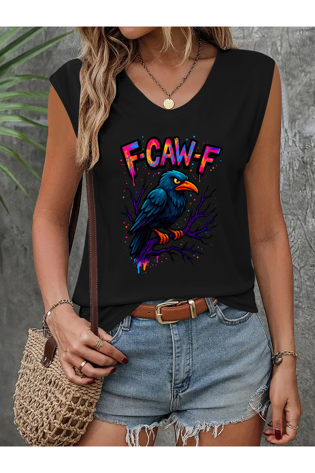 Women's Printed V-Neck Sleeveless Regular Fit Casual T-Shirt