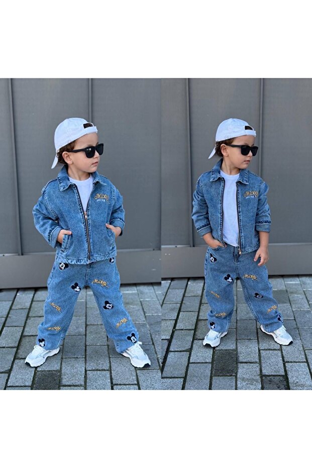 Boy's Stylish Holiday Character Embroidered Denim Jacket, Pants, and Thort 3-Piece Top and Bottom Set
