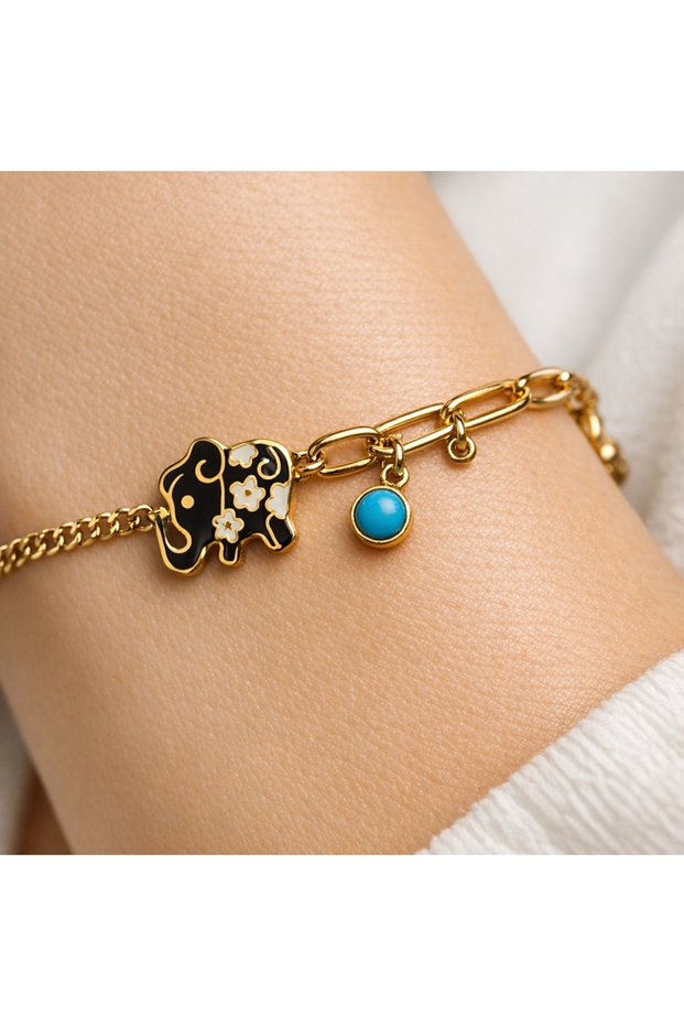 Vessa Stainless Steel Design Gold Bracelet with Fil Charms and Blue Beaded Gold Chain