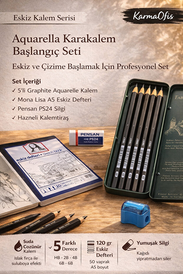Aquarella Charcoal Pencil Starter Set – Water-Soluble 5-Piece Pencils, A5 Sketchbook, Eraser, Pencil Sharpener