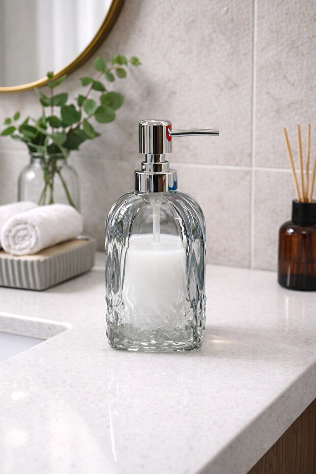 500 ml Glass Liquid Soap Dispenser Transparent Glass Soap Dispenser with Chrome Head, for Bathroom Kitchen Countertop