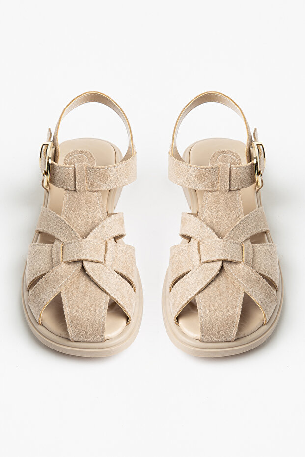 Olive Women's Ankle Strap Buckled Closed Front Suede Casual Sandals Beige Suede