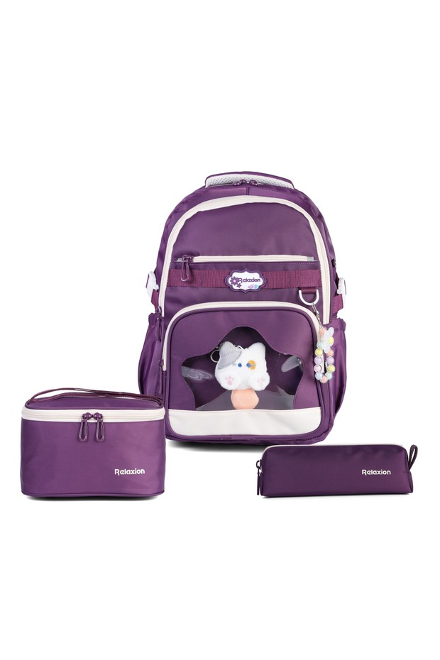 Relaxion 1920 Dark Purple Girls' 3-Piece Primary School Set P Plush U S Backpack Lunchbox and Pen Holder