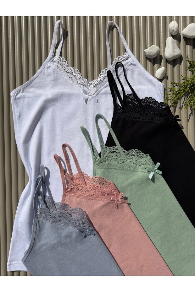 Women's 5-Pack, Cotton Pack, Stretch Fabric Lace Pack V-Neck Tops, Black, Blue, Green, White, Rope Strap Tank Tops