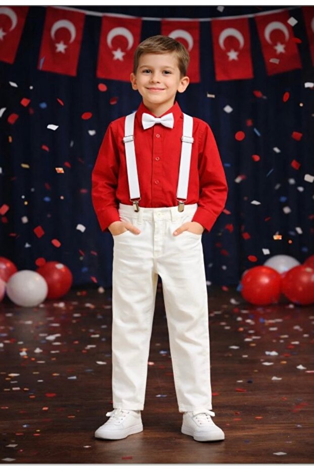 Boy's April 23 October 29 Show Outfit Long Sleeve Shirt-Pants-Suspender Bow Tie Set