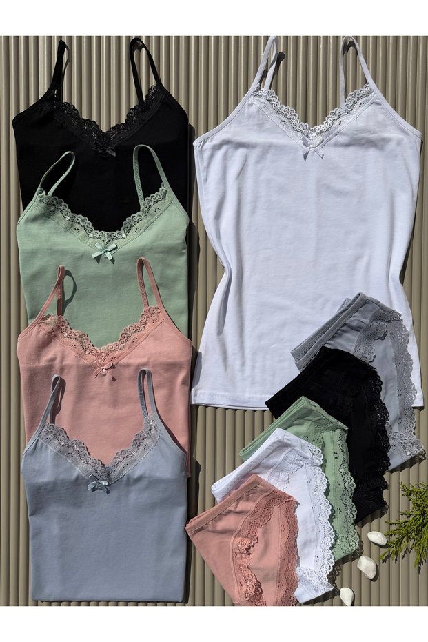Women's Cotton Piece Set of Stretch Fabric Lace Piece V-Neck 5-Piece Set of Blue, Green, Powder, Black, White Tank Tops and Panties