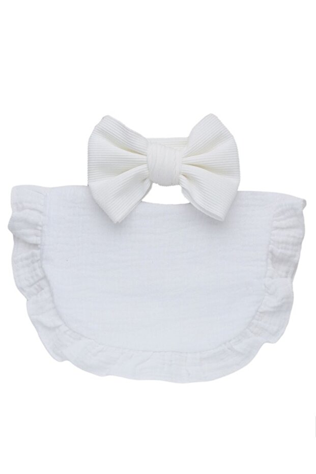 - Ava Small Ribbon Headband & Baby Bib Set - White