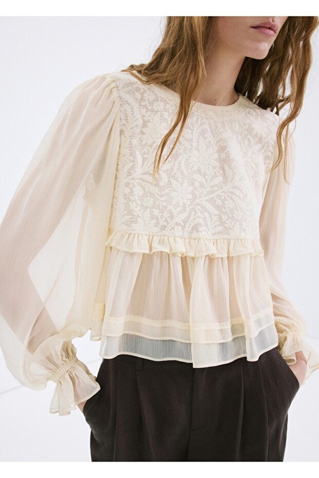 Dantelli kontrast gömlek - 1