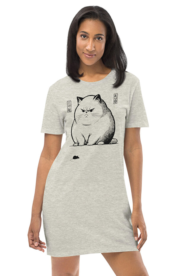 Cat Mouse Gray Short Sleeve Combed Cotton Women's T-Shirt Dress