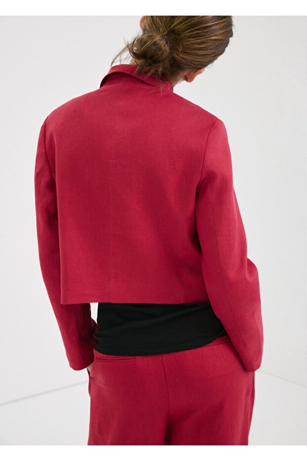 Çift düğmeli keten blazer ceket - 4