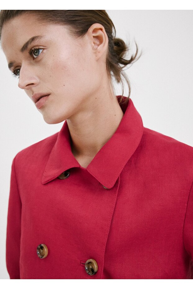 Çift düğmeli keten blazer ceket - 6