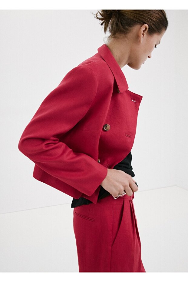 Çift düğmeli keten blazer ceket - 7