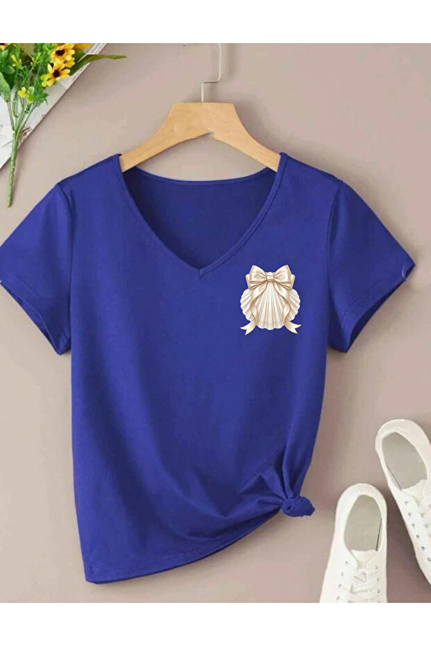 Ribbon Sea Shell Ba Printed Collar Regular Short Sleeve Women's Pa Cotton Tshirt