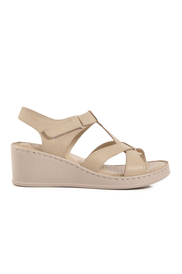 Beige Genuine Leather Women's Wedge Heel Sandals