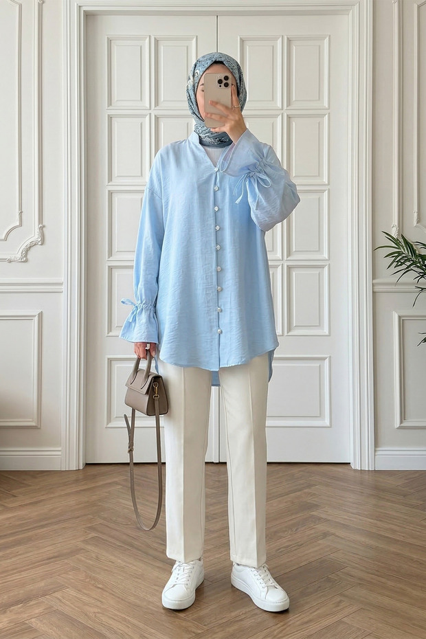 Lace-Up Tunic Shirt with Long Buttons at the Back - Baby Blue