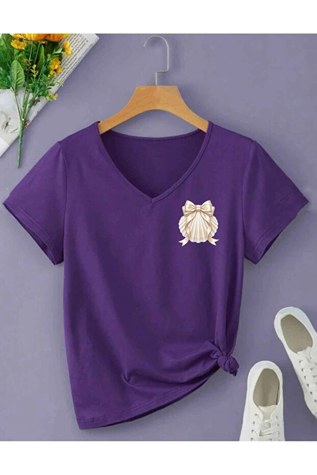 Ribbon Sea Shell Ba Printed Collar Regular Short Sleeve Women's Pa Cotton Tshirt