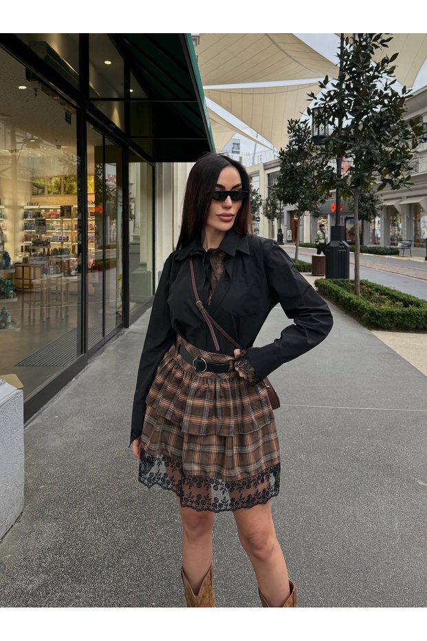 Women's Lace Detailed Layered Plaid Skirt