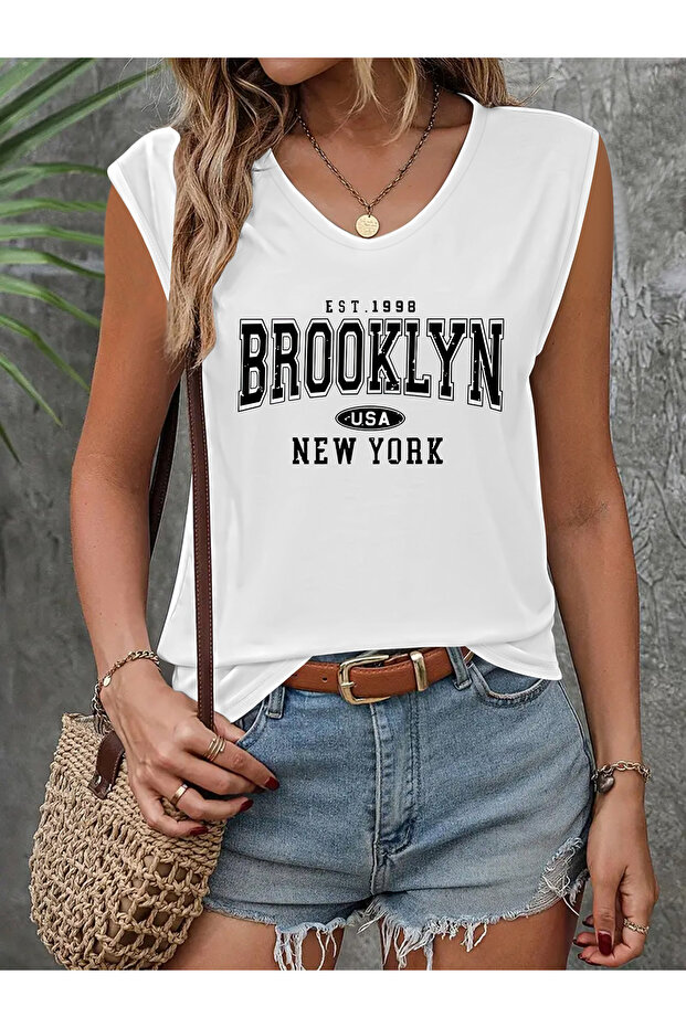 Women's Printed V-Neck Sleeveless Regular Fit Casual T-Shirt