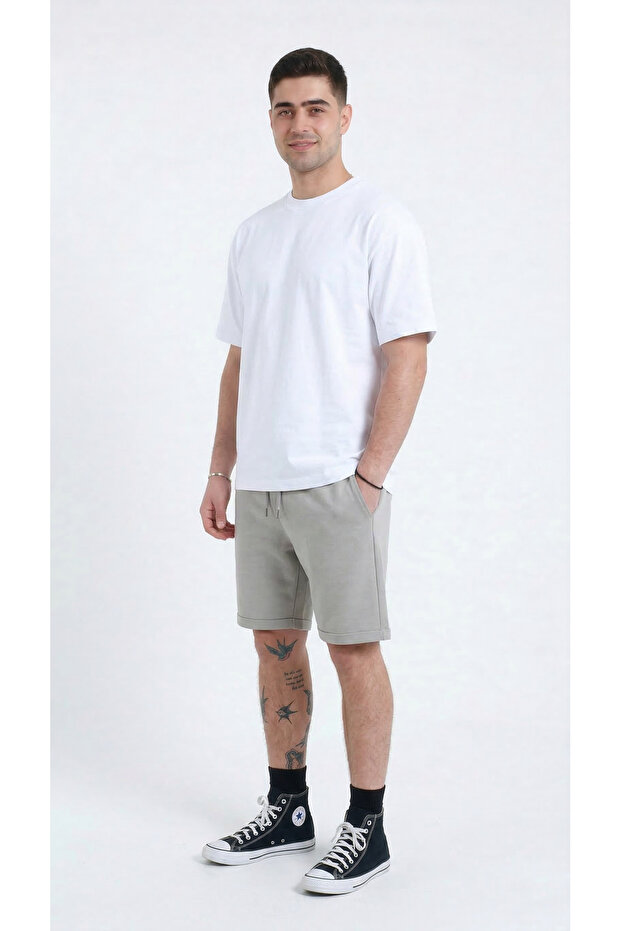 Men's Regular Comfortable Cut, Elastic Waist, Side Pocketed Folded Legs, Stone Bermuda Shorts