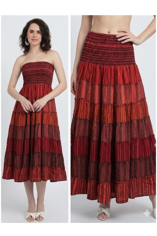 Women's Indian Vintage Detailed Bohemian 100% Cotton Layer Long Skirt That Can Be Used as Strapless Dresses