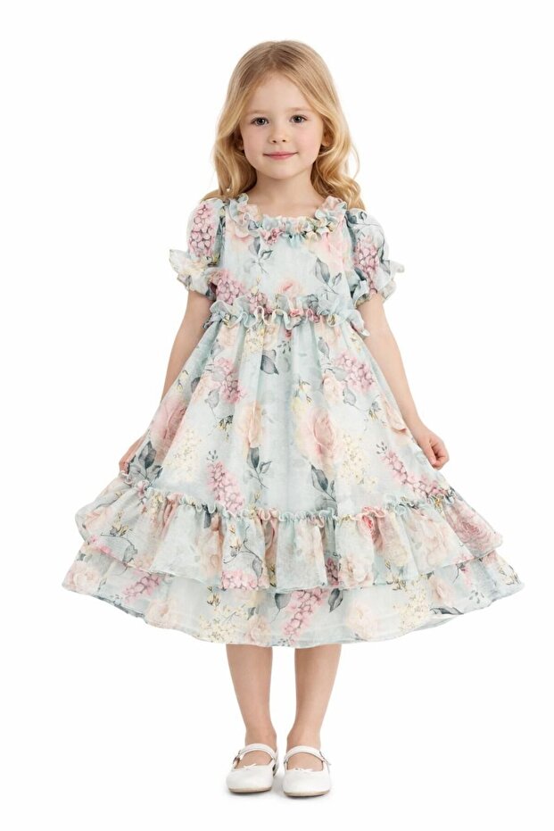 Girl's short sleeve bow dress Patterned ke Linen
