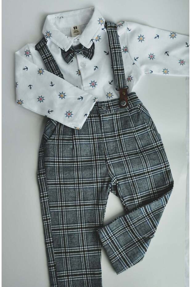 Baby Formal Shirt & Checkered Suspender Pants Set with Bow Tie