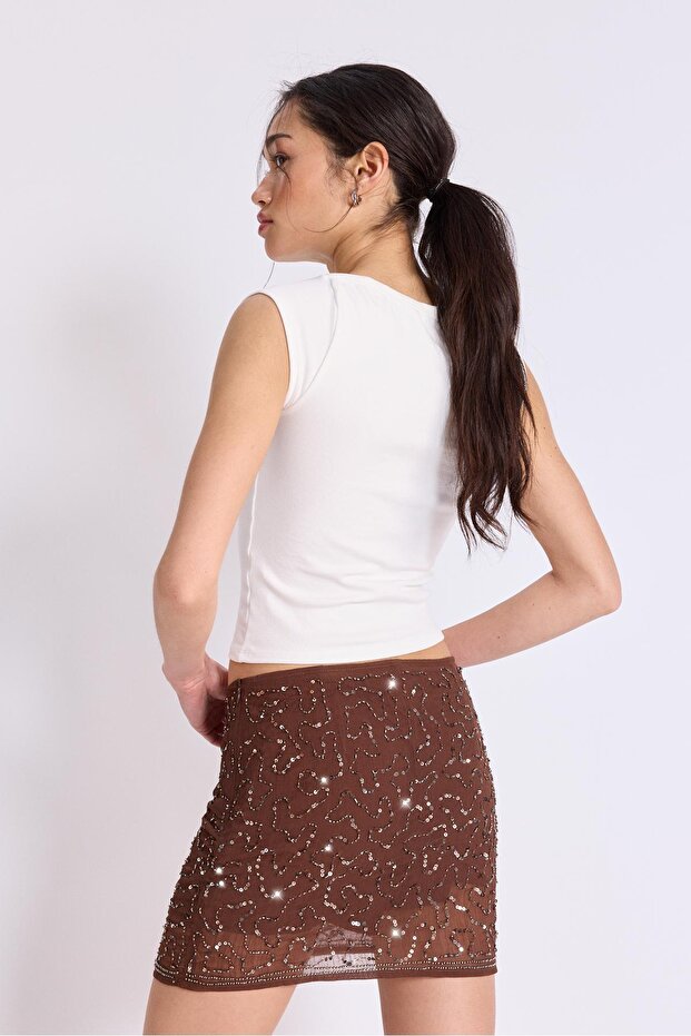 Mini işlemeli şort etek - 5