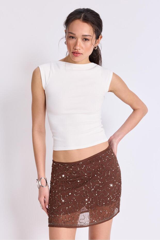 Mini işlemeli şort etek - 1