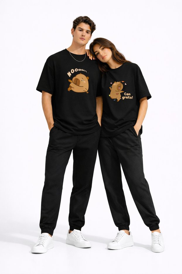 Couple T-Shirt with Cute Bear Print, Oversize Unisex Partner T-Shirt Set of 2, Black