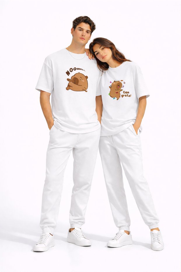 Couple T-Shirt with Cute Bear Print, Oversize Unisex Partner T-Shirt Set of 2, White