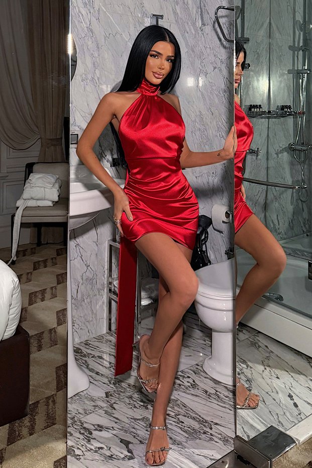 Red Safety Halter Neck Stylish Mini Satin Dress with Tie-Detail Scarf Detail Ate-4577