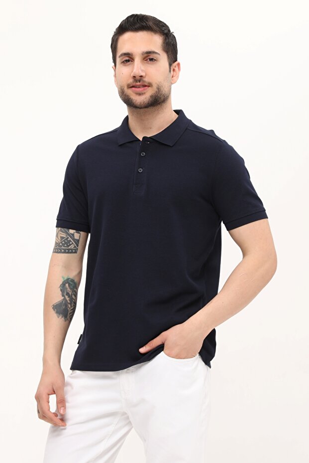 Polo Neck T-Shirt 100% Cotton Navy Blue Men
