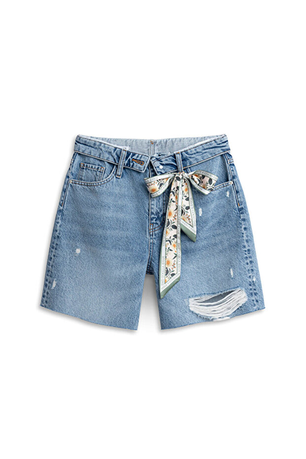 ESKİTME EFEKTLİ DENİM ŞORT - 1