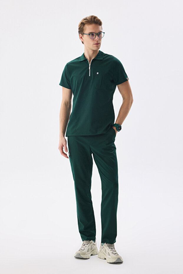 Men's Polo Neck Medical Uniform Set Hunter Green Stretch Fabric Doctor Nurse Uniform