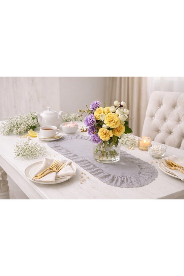 Ruffled Eyelet Embroidery Piece Duck Linen Oval Table Runner & Decorative Cover & Tablecloth (45X115 cm Gray)