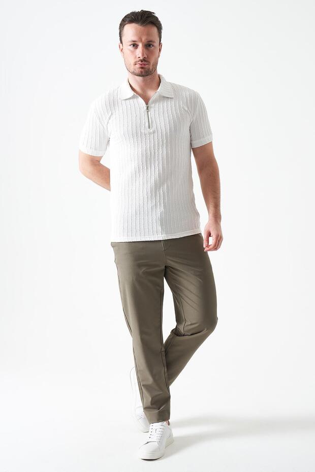 Men's 2916-Khaki Domestic Technical Srn42 Fabric Trousers with Half Elastic Waist and Zipper