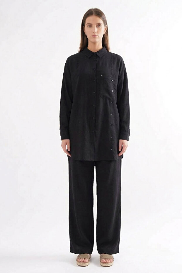 Cross Pocket Detail Safari Suit with Trousers 910 Black