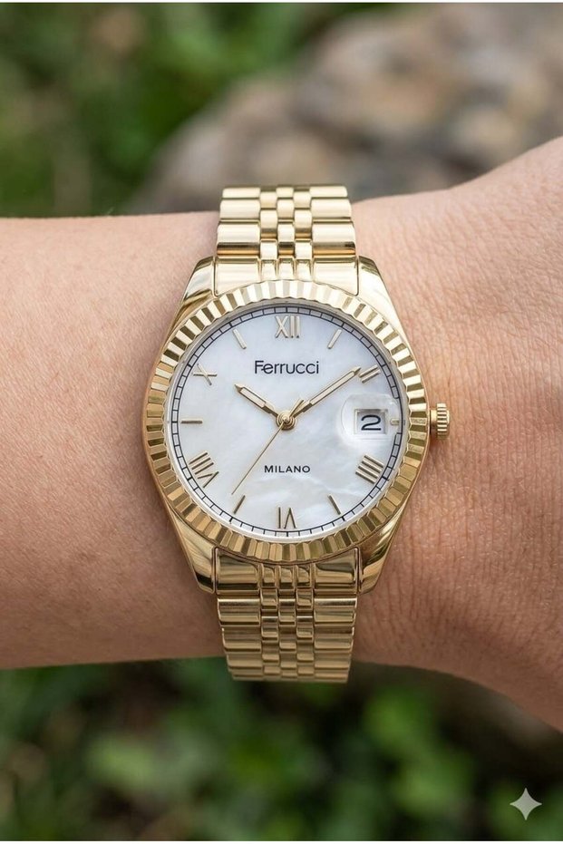 Gold Color Women's Wristwatch | 35mm Steel Case, Gold Metal Band, White Dial