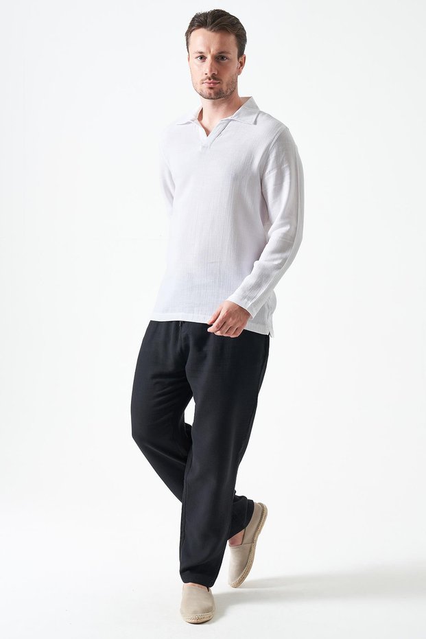 Men's Black Bel Tie-Detail Baggy Muslin Trousers