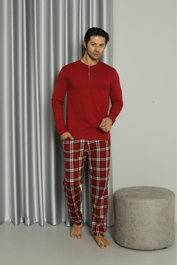 Men's 100% Natural Cotton Plaid Piece Long Sleeve Buttoned High Quality Pajama Set