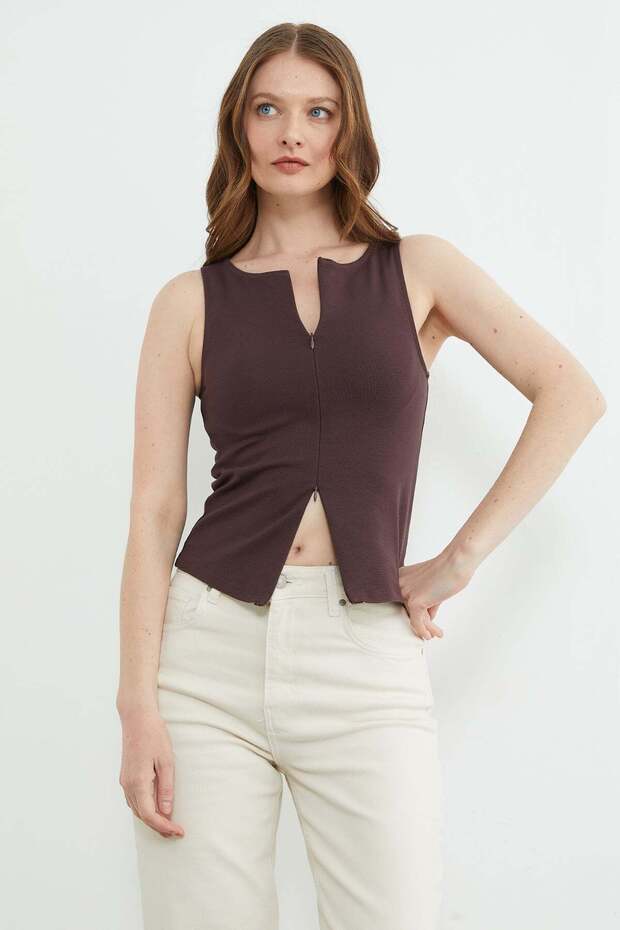 Basic Çift Fermuarlı Bluz - 5