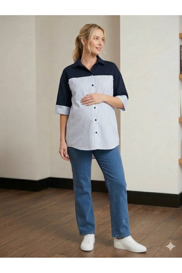 ÇİZGİLİ- ÖRME KAPİŞONLU HAMİLE -OWERSİZE- BLUZ - 5