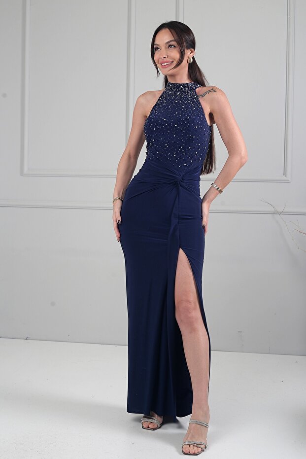 Women's Halter Neck Lined Stone Embroidered L Stretch Fabric Crepe Satin Long Dress