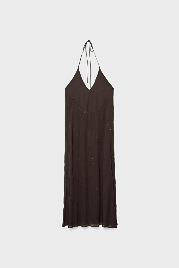 Halter yaka işlemeli uzun elbise - 7