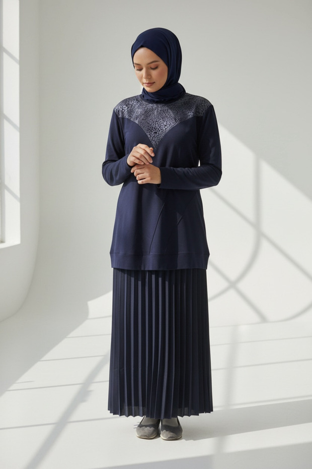 Women's Jacquard Detailed Six-Band Skirt Suit with Elastic Waist and Pleated Skirt