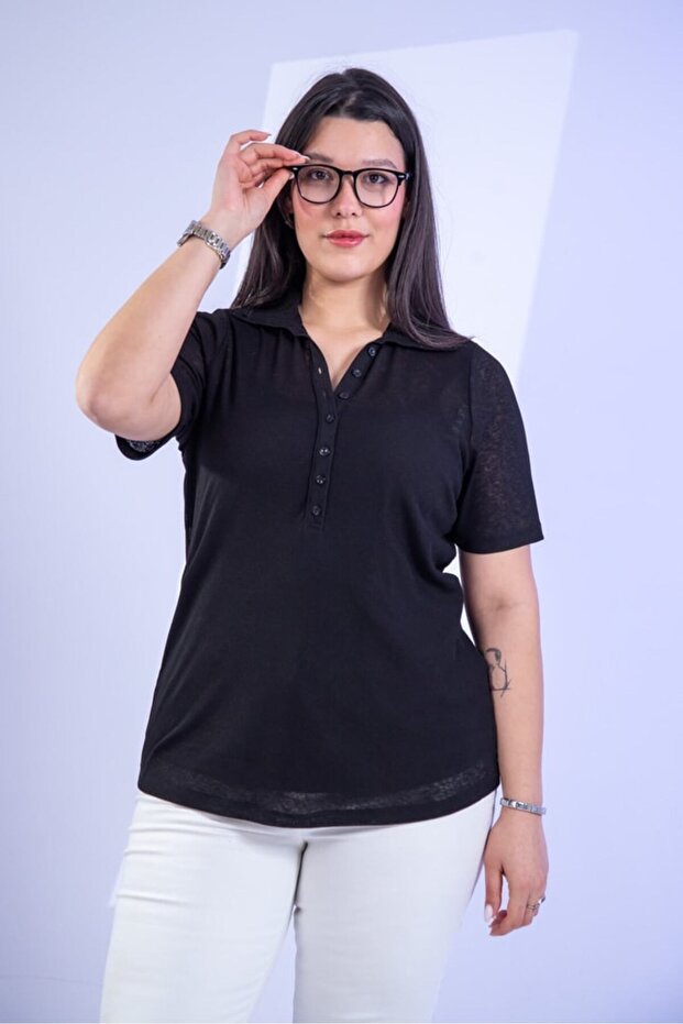 3330873 بلوزة نسائية كبيرة الحجم مزينة بأزرار باللون الأسود