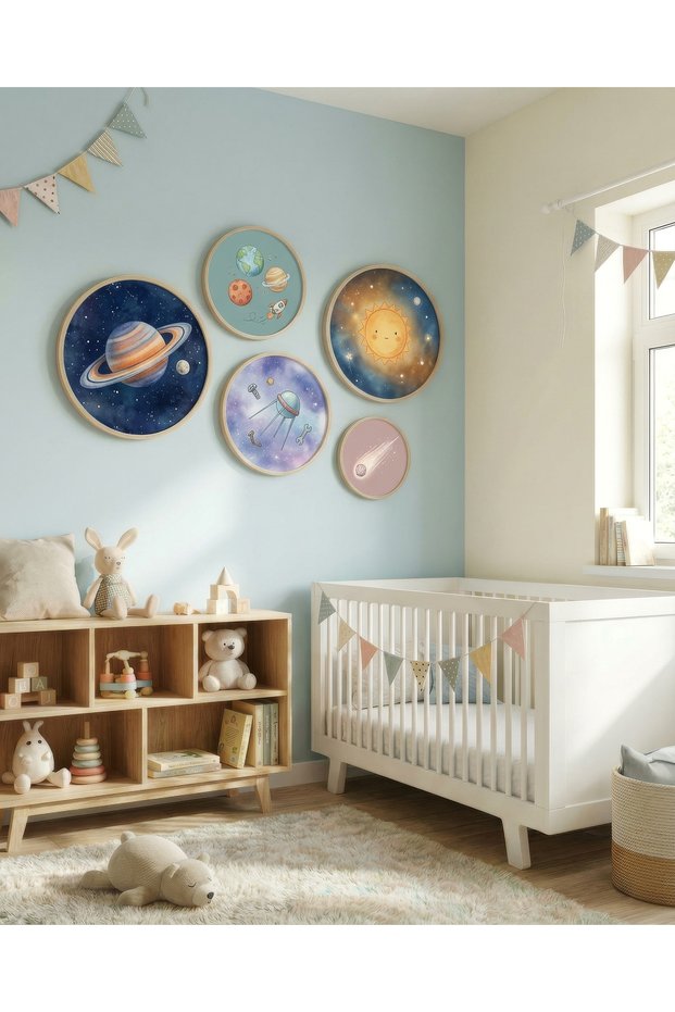 Set of 5 Wooden Birch Framed Round Baby Room Children's Room Mdf Tables - Round Table Set