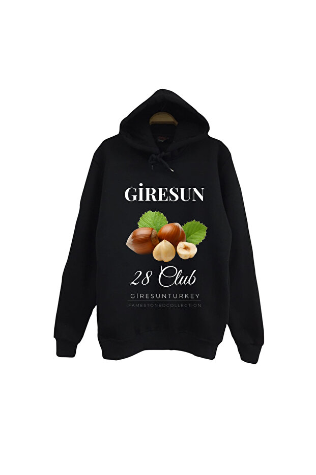 Giresun - 28 - Fındık - Ada - Şehir Printed Unisex %100 Cotton Black Hooded Sweatshirt