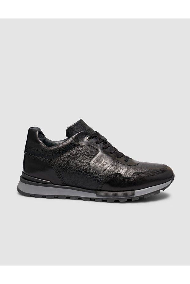 Genuine Leather Textured Black Fur-Trimmed Men's Sneakers Sports Shoes